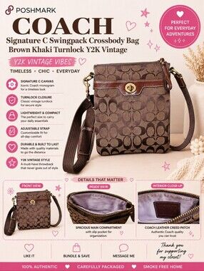 Coach Signature C Swingpack Crossbody Bag Brown Khaki Turnlock Y2K Vintage